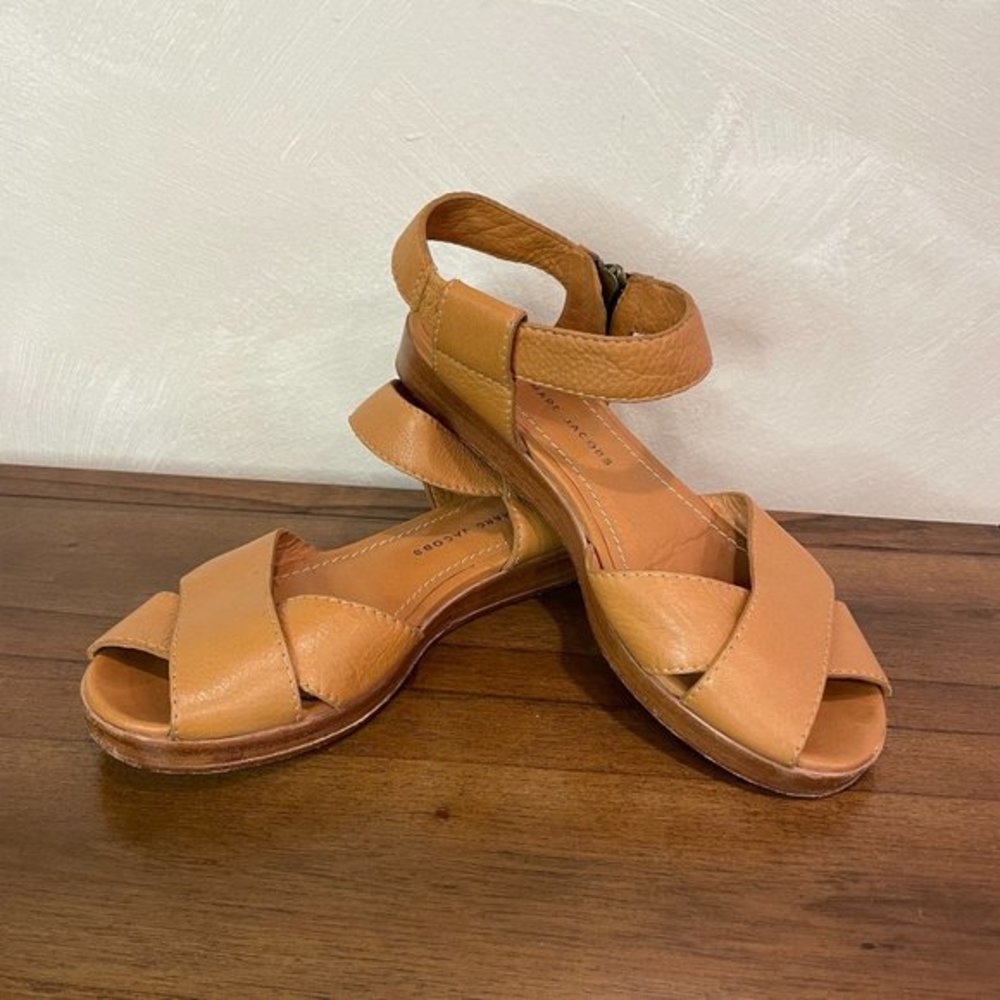 Marc by Marc Jacobs Cognac Leather Sandals with Wood Sole Size EU 37.5
